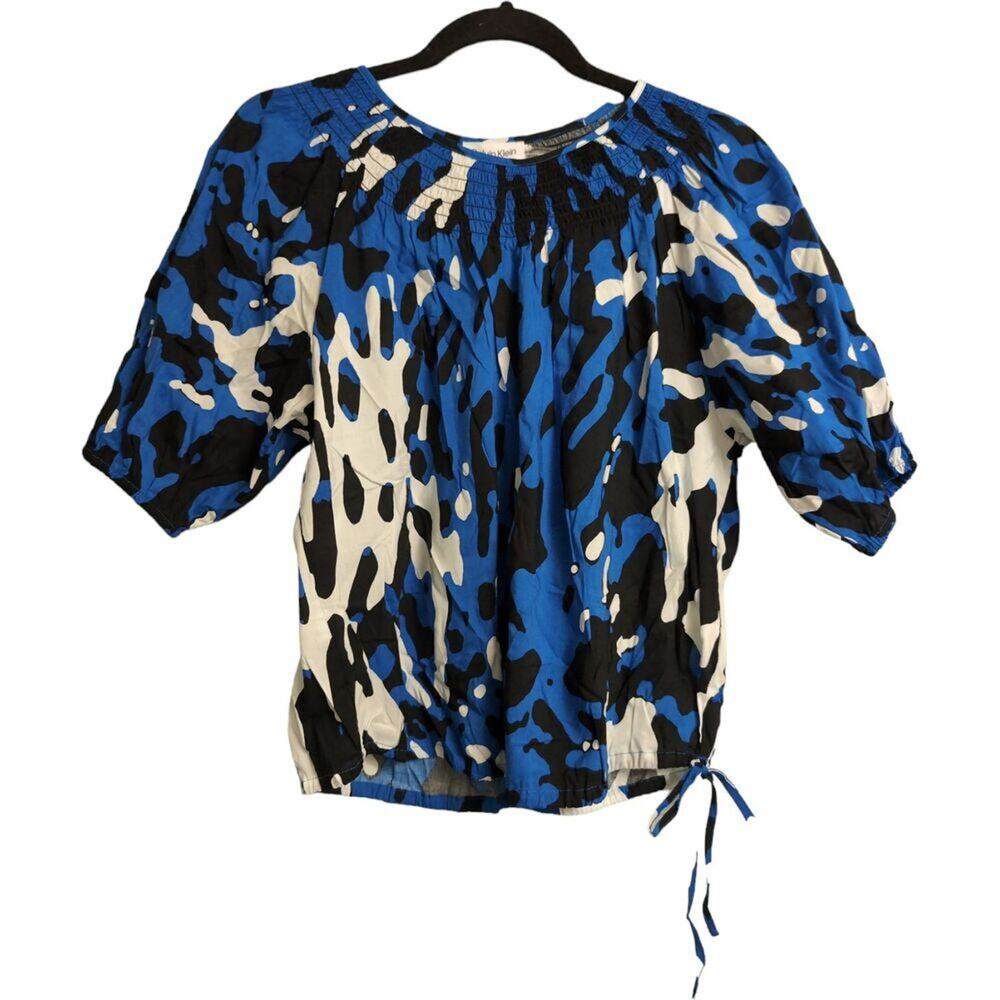 NWT Calvin Klein Navy Blue Smocked Yoke Peasant Blouse Drawstring Hem Size S